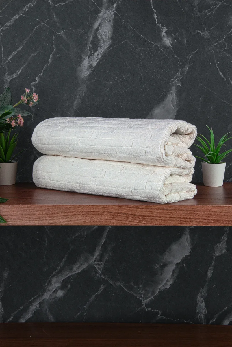 Tuğla Desenli 2li Ayak Havlusu - 50x70 cm - Su Emici Banyo Paspası Seti - Beyaz - 3