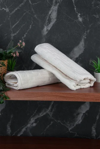 Tuğla Desenli 2li Ayak Havlusu - 50x70 cm - Su Emici Banyo Paspası Seti - Beyaz - 4