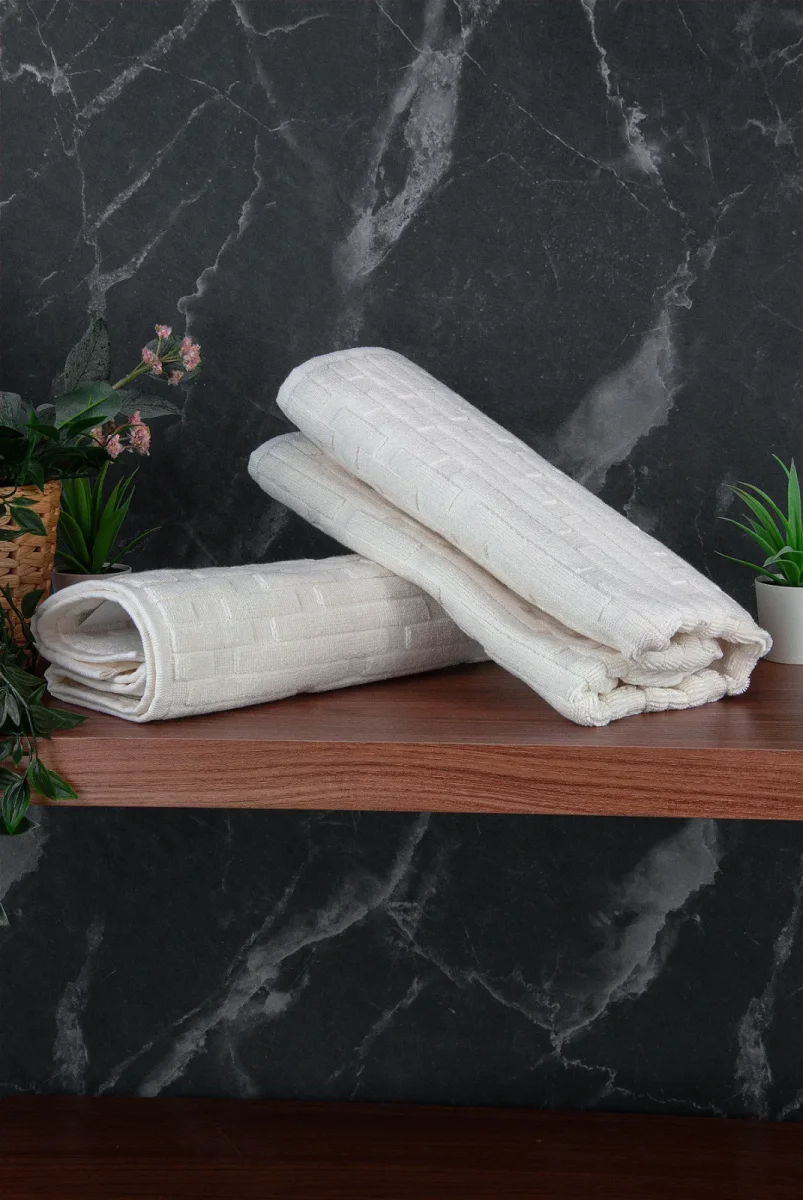 Tuğla Desenli 2li Ayak Havlusu - 50x70 cm - Su Emici Banyo Paspası Seti - Beyaz - 4