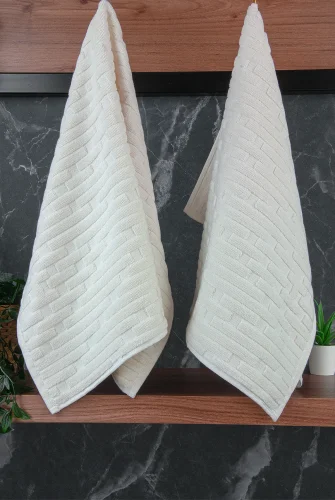 Tuğla Desenli 2li Ayak Havlusu - 50x70 cm - Su Emici Banyo Paspası Seti - Beyaz - 5