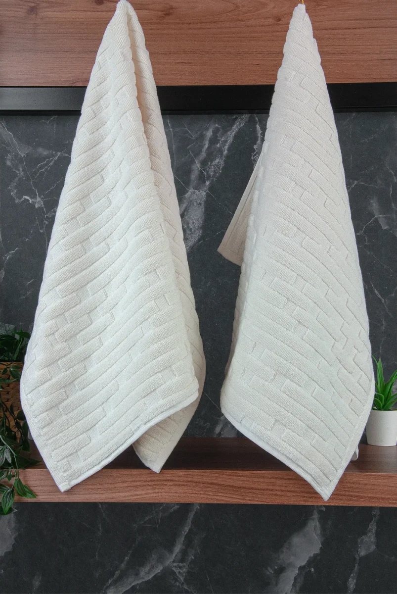 Tuğla Desenli 2li Ayak Havlusu - 50x70 cm - Su Emici Banyo Paspası Seti - Beyaz - 5