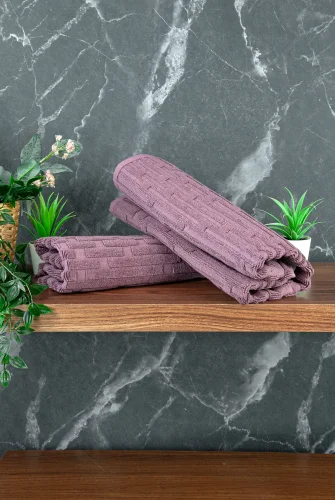 Tuğla Desenli 2li Ayak Havlusu - 50x70 cm - Su Emici Banyo Paspası Seti - Bordo - 4