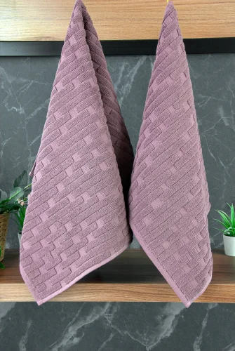 Tuğla Desenli 2li Ayak Havlusu - 50x70 cm - Su Emici Banyo Paspası Seti - Bordo - 5