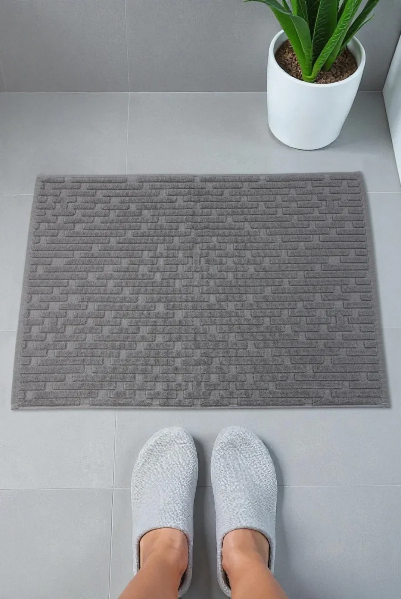 Tuğla Desenli 2li Ayak Havlusu - 50x70 cm - Su Emici Banyo Paspası Seti - Koyu Gri - 1