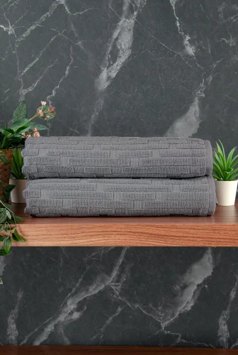 Tuğla Desenli 2li Ayak Havlusu - 50x70 cm - Su Emici Banyo Paspası Seti - Koyu Gri - 2