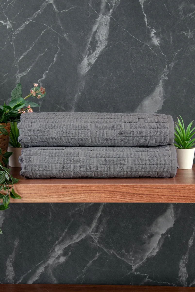 Tuğla Desenli 2li Ayak Havlusu - 50x70 cm - Su Emici Banyo Paspası Seti - Koyu Gri - 2