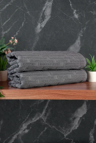 Tuğla Desenli 2li Ayak Havlusu - 50x70 cm - Su Emici Banyo Paspası Seti - Koyu Gri - 3