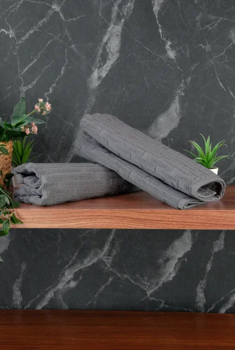 Tuğla Desenli 2li Ayak Havlusu - 50x70 cm - Su Emici Banyo Paspası Seti - Koyu Gri - 4