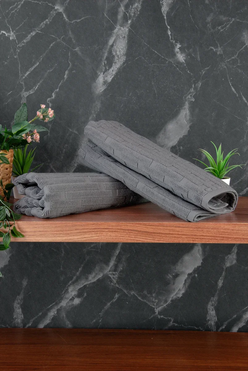 Tuğla Desenli 2li Ayak Havlusu - 50x70 cm - Su Emici Banyo Paspası Seti - Koyu Gri - 4