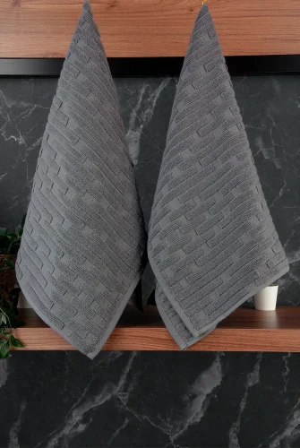 Tuğla Desenli 2li Ayak Havlusu - 50x70 cm - Su Emici Banyo Paspası Seti - Koyu Gri - 5