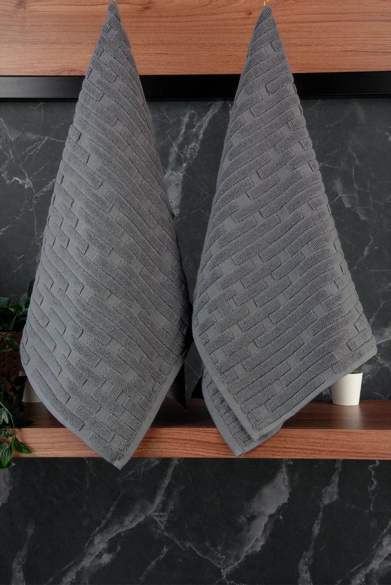 Tuğla Desenli 2li Ayak Havlusu - 50x70 cm - Su Emici Banyo Paspası Seti - Koyu Gri - 5