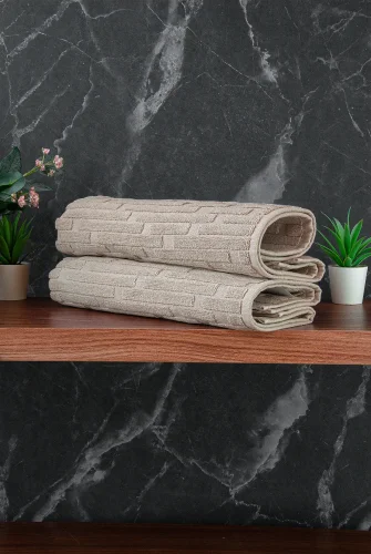 Tuğla Desenli 2li Ayak Havlusu - 50x70 cm - Su Emici Banyo Paspası Seti - Krem - 3