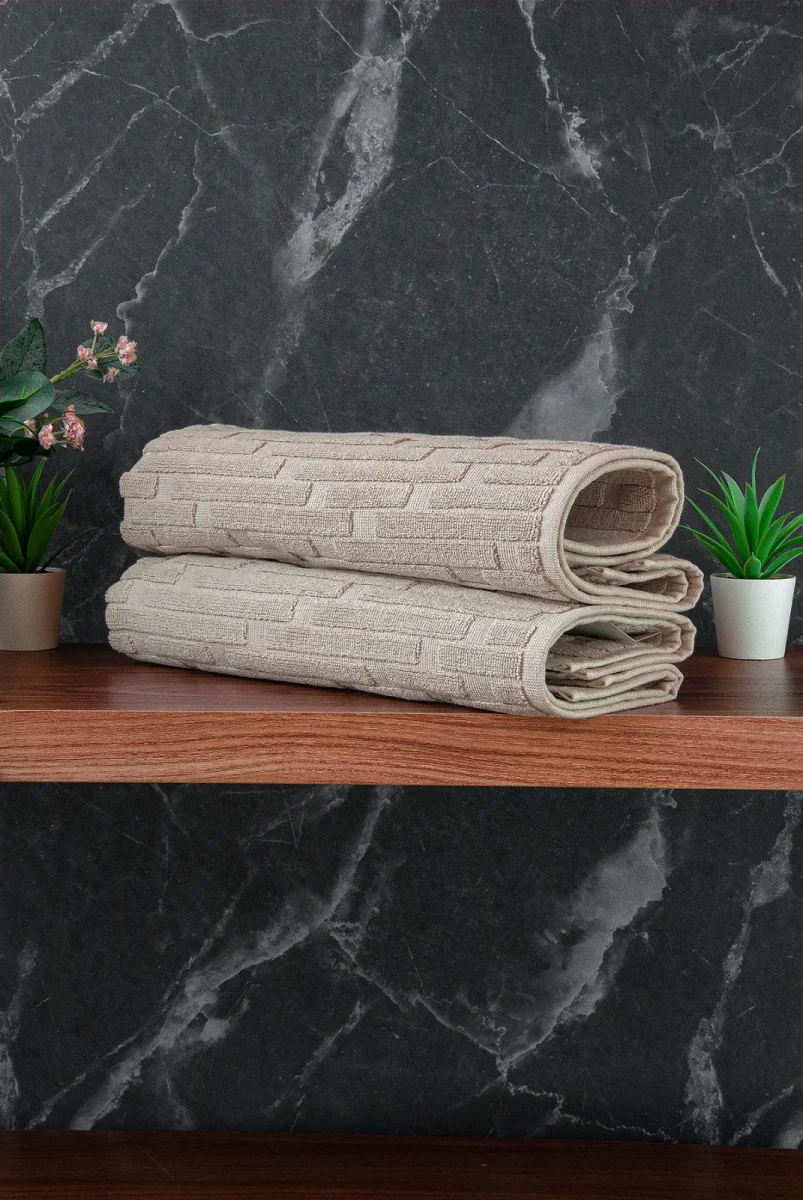 Tuğla Desenli 2li Ayak Havlusu - 50x70 cm - Su Emici Banyo Paspası Seti - Krem - 3