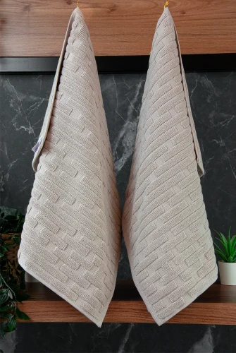 Tuğla Desenli 2li Ayak Havlusu - 50x70 cm - Su Emici Banyo Paspası Seti - Krem - 5