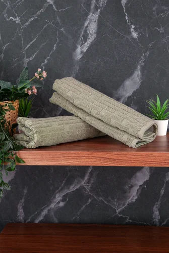 Tuğla Desenli 2li Ayak Havlusu - 50x70 cm - Su Emici Banyo Paspası Seti - Yeşil - 4