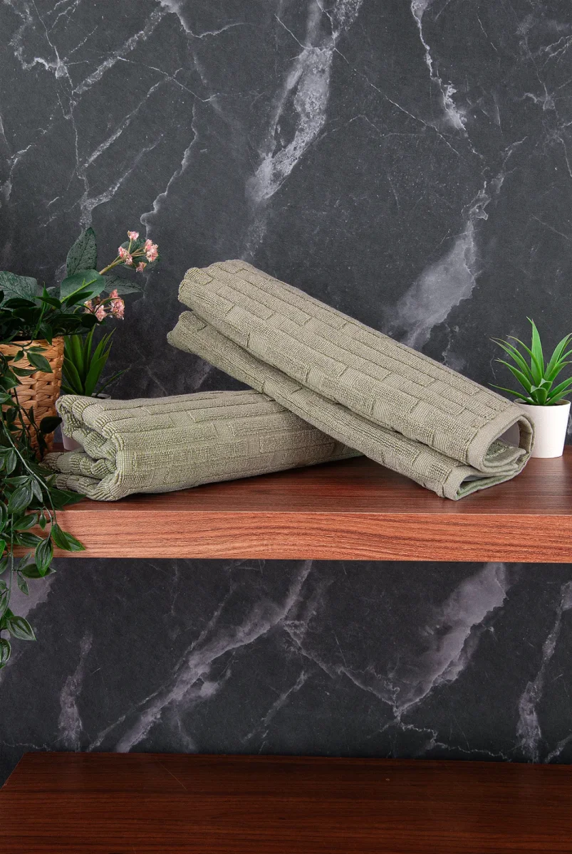 Tuğla Desenli 2li Ayak Havlusu - 50x70 cm - Su Emici Banyo Paspası Seti - Yeşil - 4