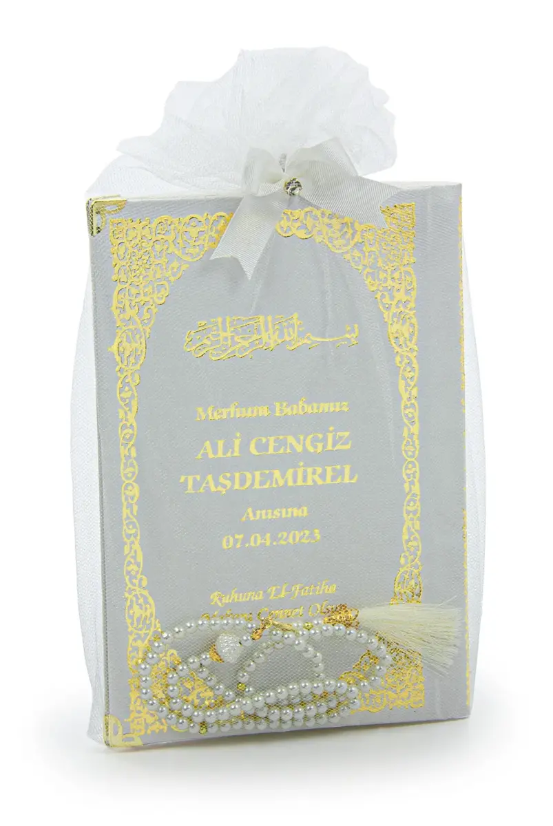 Tül Kaplamalı İsim Baskılı Ciltli Yasin Kitabı - Orta Boy - İnci Tesbihli - Beyaz - 1