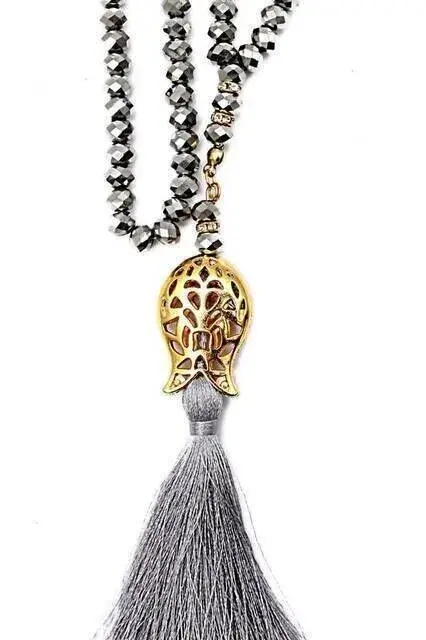 Tulip Patterned Tasseled 99 Piece Crystal Hajj Umrah Gift Prayer Beads - 8mm Gray - 2