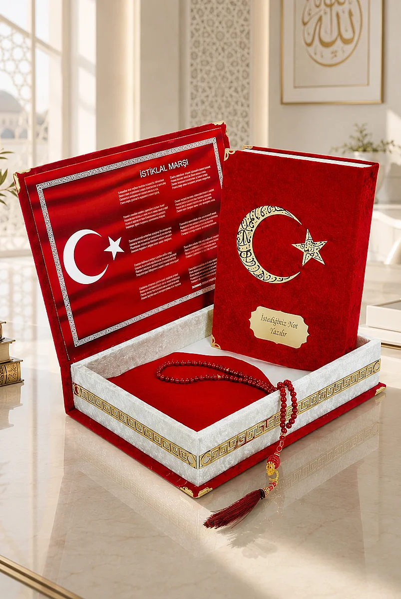 Türk Bayraklı Kadife Kuran Seti Kişiye Özel İsimli Kutulu Tesbihli ve Bayraklı - 2