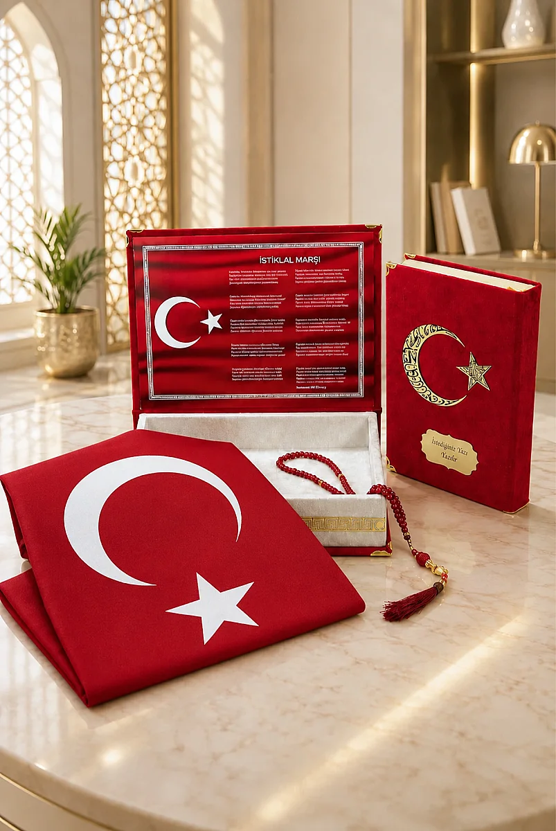 Türk Bayraklı Kadife Kuran Seti Kişiye Özel İsimli Kutulu Tesbihli ve Bayraklı - 1