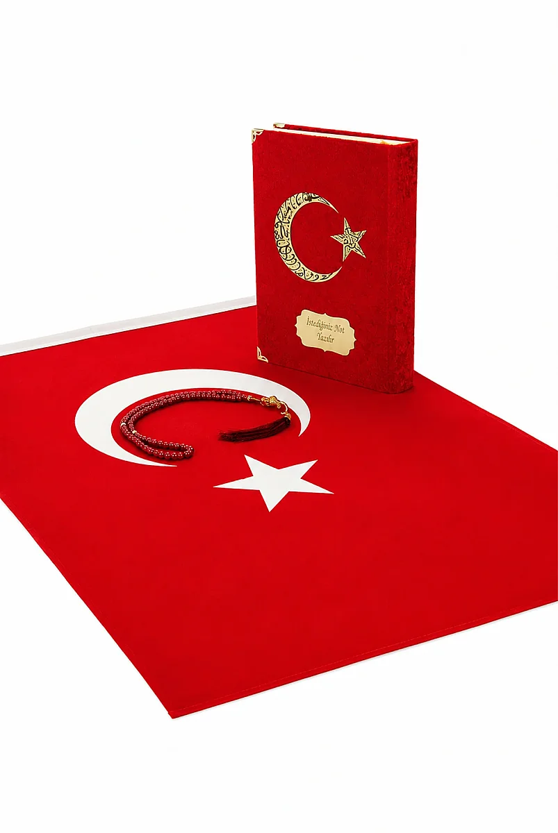 Türk Bayraklı Kadife Kuran Seti Kişiye Özel İsimli Kutulu Tesbihli ve Bayraklı - 8