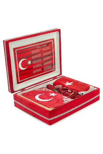 Türk Bayraklı Kuranı Kerim Hediyelik Set – Kadife Kutulu, Bayrak, Seccade ve Tesbih - 3