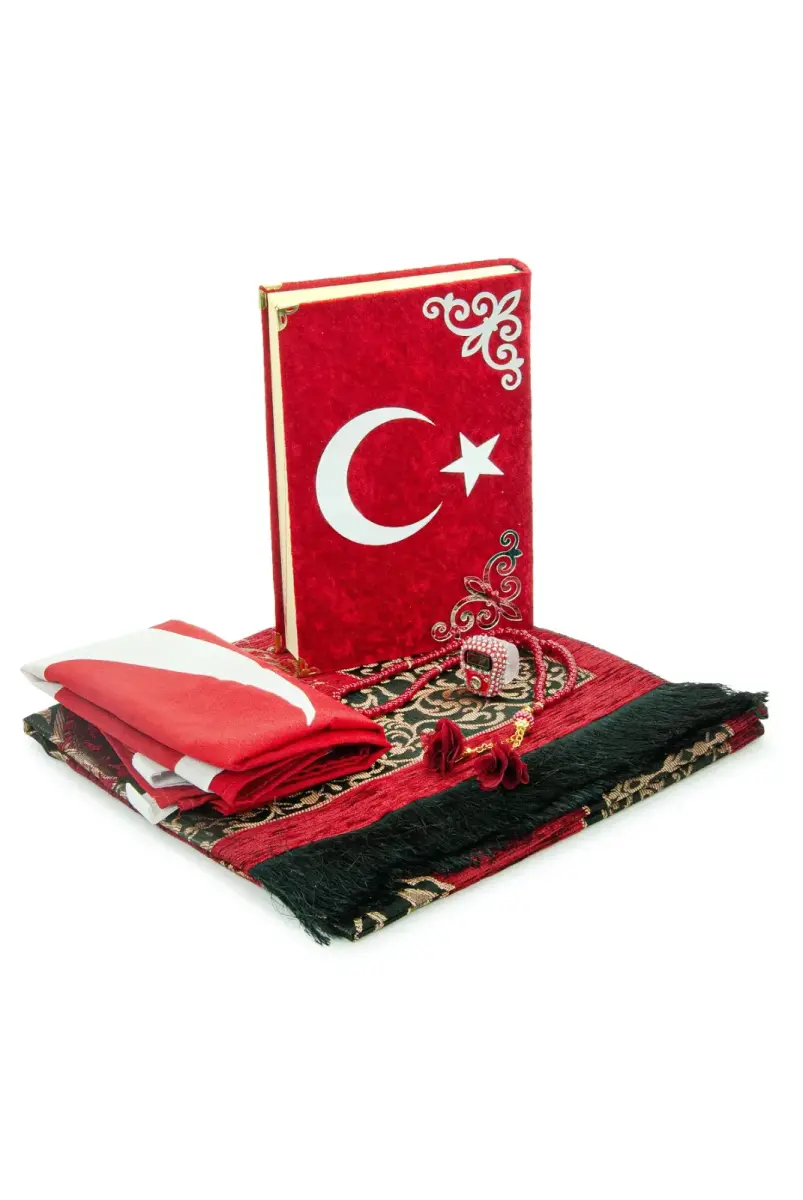 Türk Bayraklı Kuranı Kerim Hediyelik Set – Kadife Kutulu, Bayrak, Seccade ve Tesbih - 7