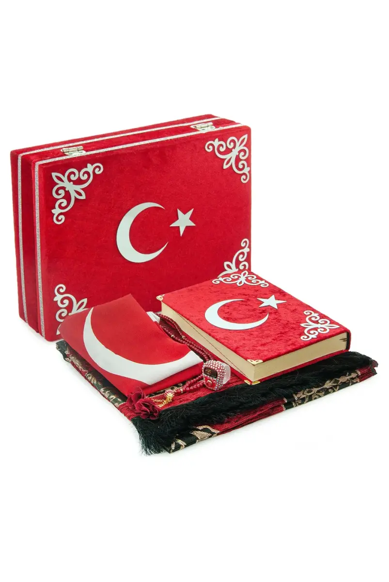 Türk Bayraklı Kuranı Kerim Hediyelik Set – Kadife Kutulu, Bayrak, Seccade ve Tesbih - 8