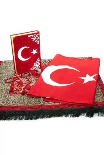 Türk Bayraklı Kuranı Kerim Hediyelik Set – Kadife Kutulu, Bayrak, Seccade ve Tesbih - 9