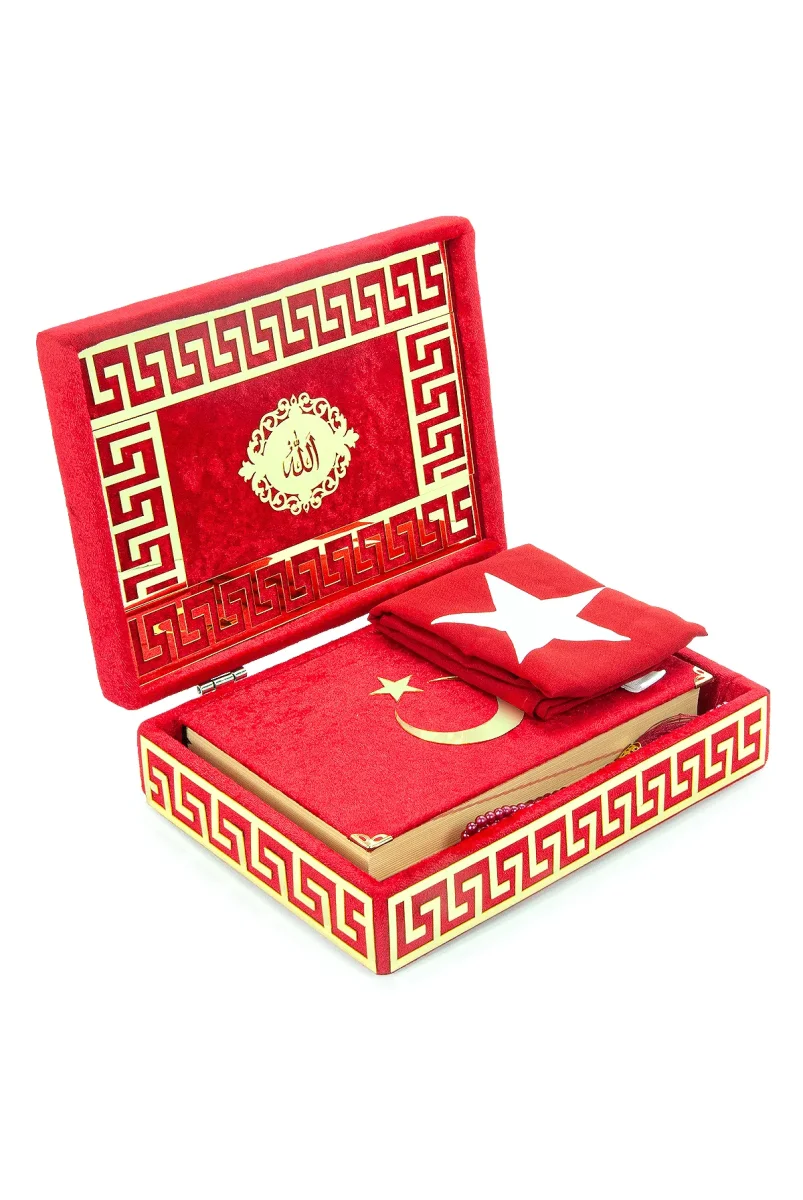 Türk Bayraklı Kuranı Kerim Hediyelik Set – Pleksi Süslemeli Kadife Kutu, Bayrak ve Tesbih - 4