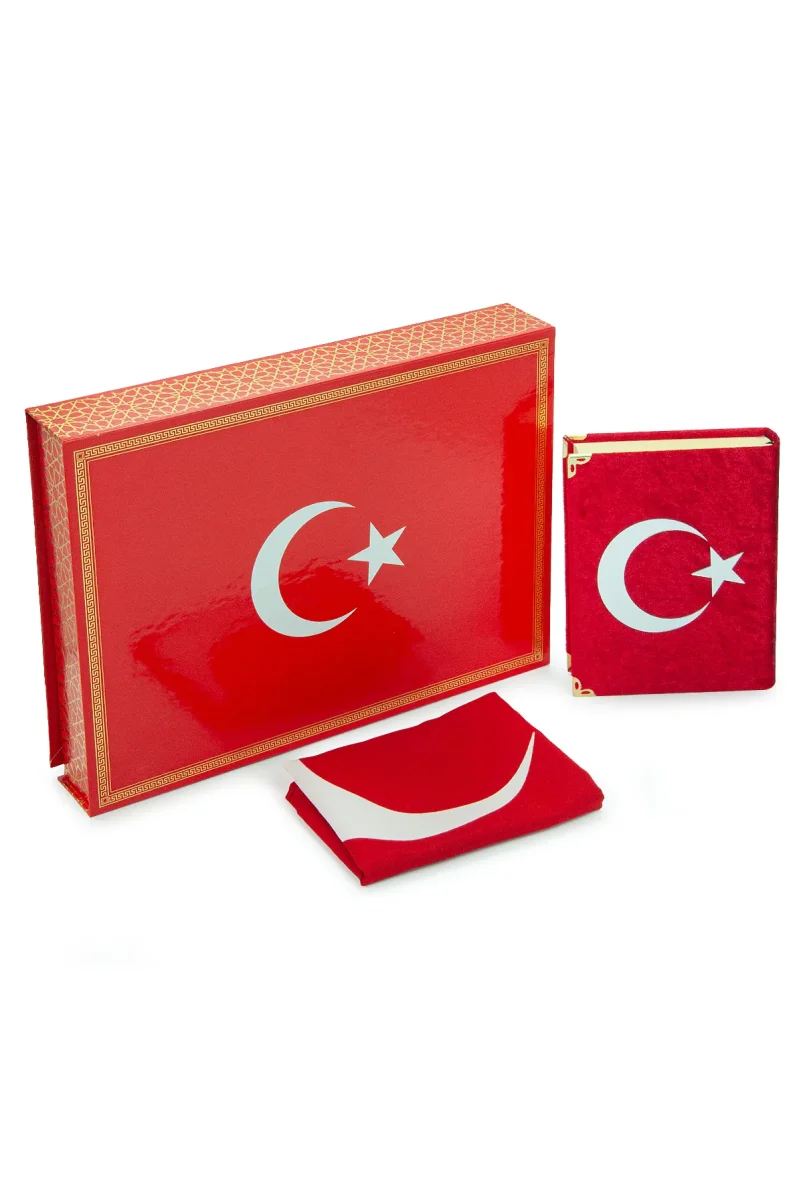 Türk Bayraklı Kutulu Ay Yıldızlı Kadife Kaplı Kuranı Kerim Türk Bayrağı Hediye Seti - 4