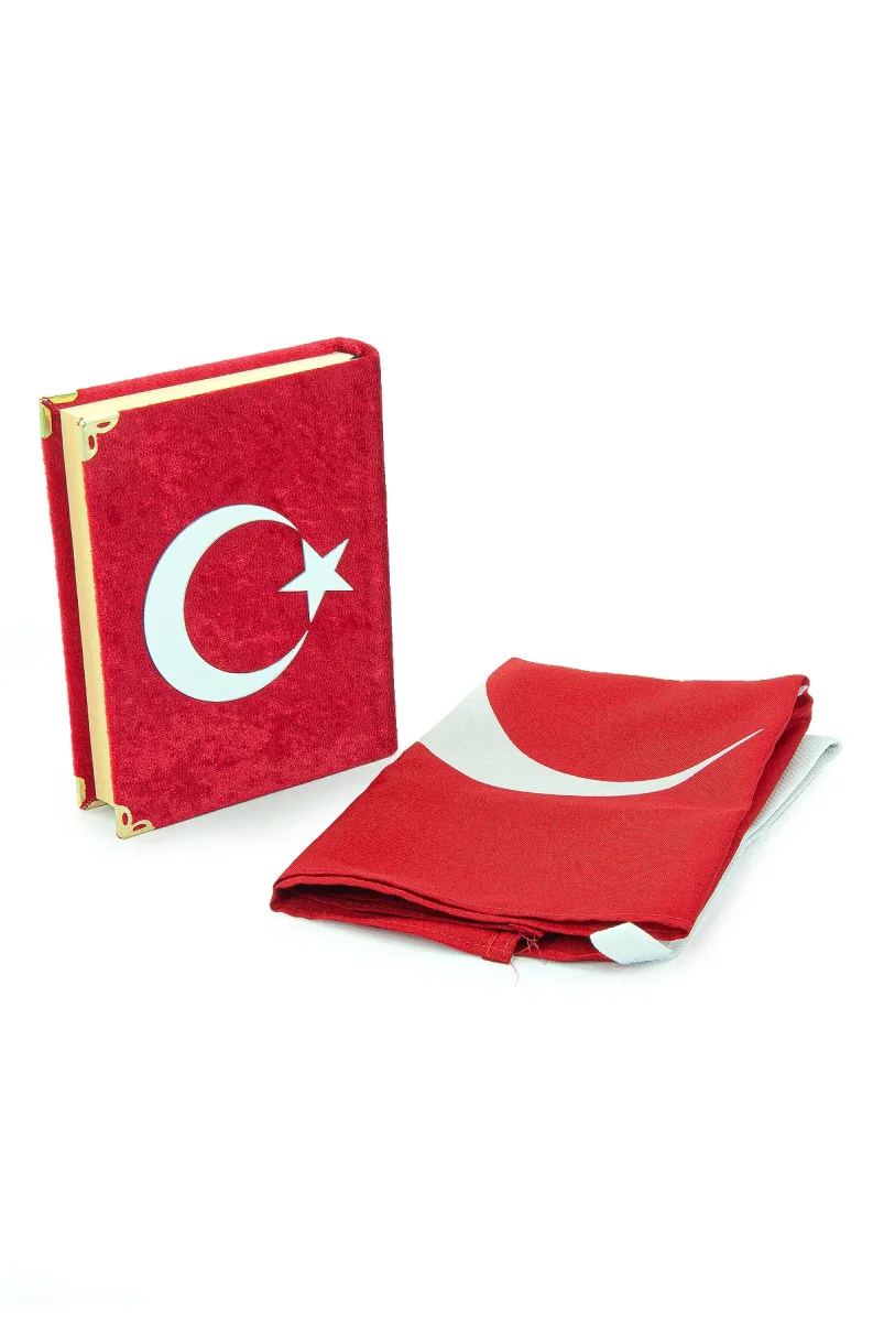 Türk Bayraklı Kutulu Ay Yıldızlı Kadife Kaplı Kuranı Kerim Türk Bayrağı Hediye Seti - 7