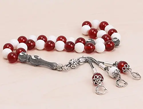 Türk Bayraklı Tesbih-Gerçek Akik ve Shell Taşlı Karışık Tesbih-Gümüş Malzemeli Tesbih-33'lük Tesbih-Orijinal Doğal Taş Tesbih - ihvanonline (1)