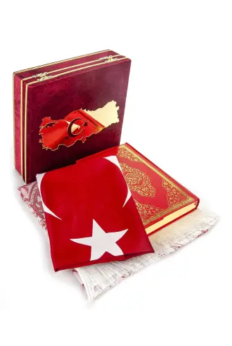 Turkey Map Flag, Velvet Boxed Quran and Prayer Rug Set Red - ihvanonline (1)