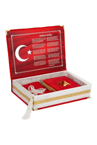 Turkish Flag Box Design Rosary Velvet Quran Set - 5