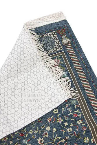 Turkuaz Çiçekli Ravza Desenli Astarlı Şönil Seccade - ihvanonline (1)