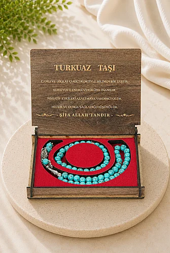 Turkuaz Taşı 33’lü Tesbih ve Bileklik Seti – Ahşap Kutulu Şık Hediye Seti - 1
