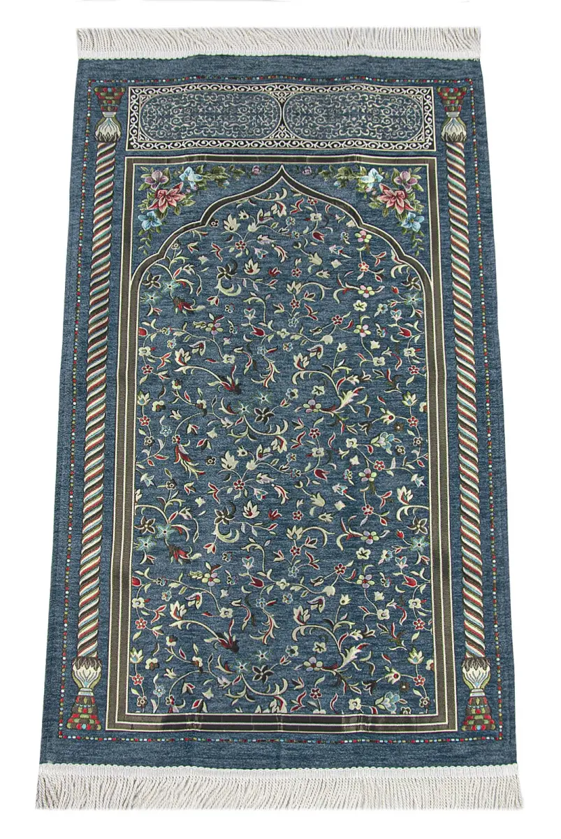Turquoise Floral Ravza Patterned Lined Chenille Prayer Rug - 1