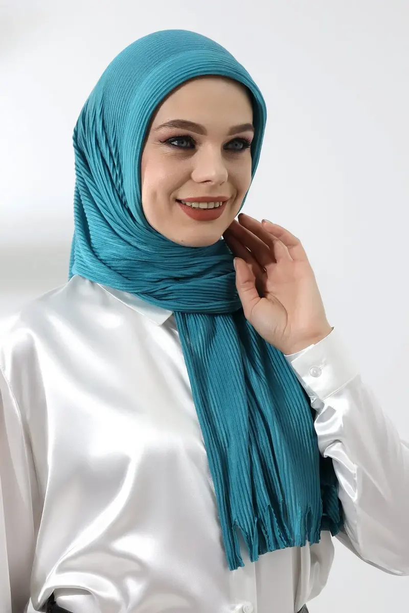 Turquoise Hijab Ready Made Practical Corded Cotton Shawl - 4