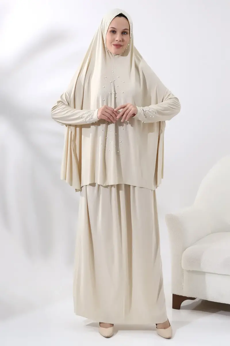 Two Piece Practical Prayer Dress with Pearls and Stones, Top and Bottom 8017 Cream - 2