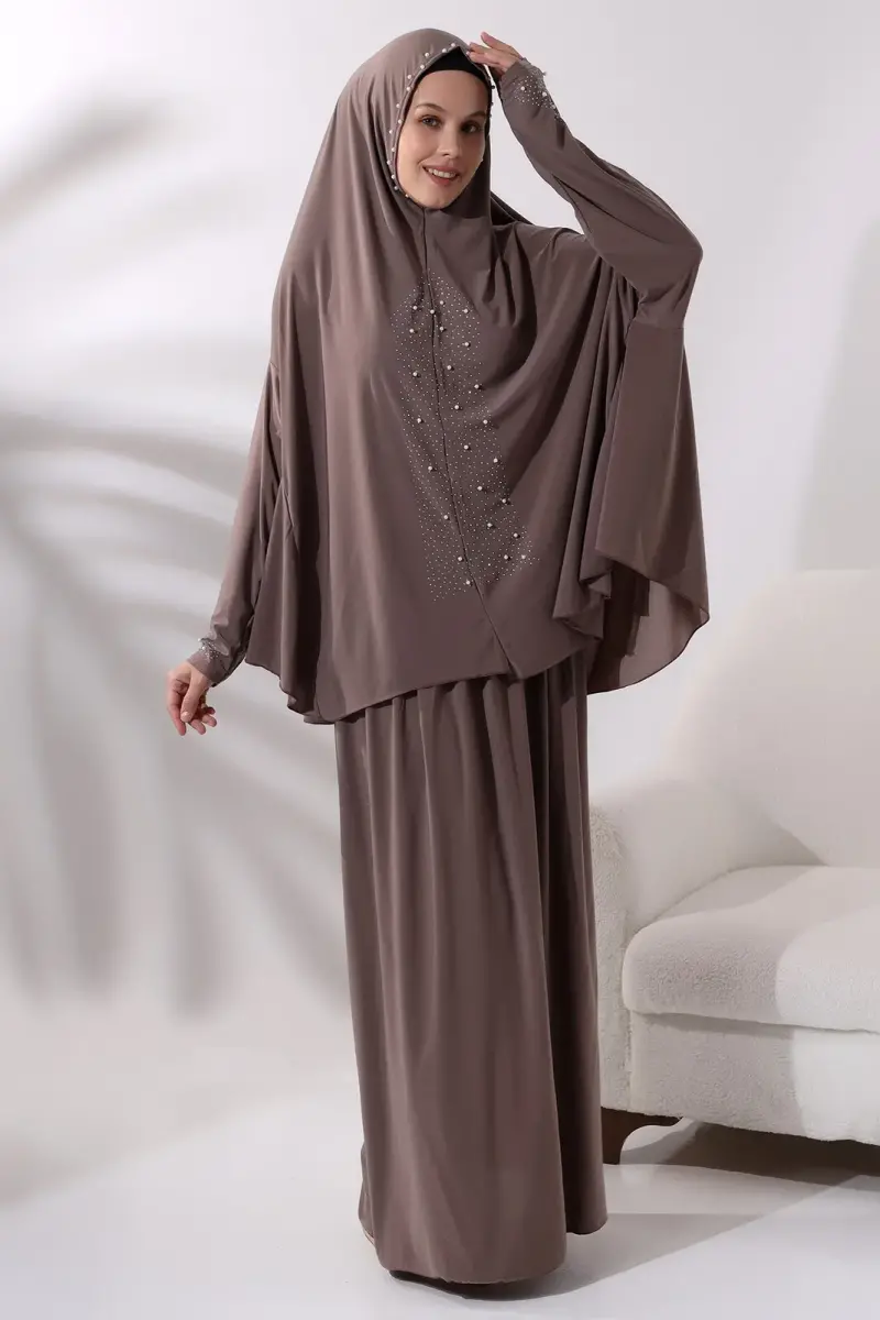 Two Piece Prayer Dress with Pearls and Stones, Bottom and Top, 8017 Milk Brown - 3