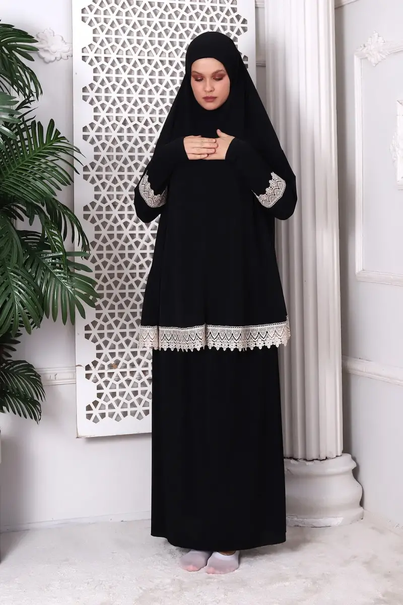 Two Piece Scalloped Practical Upper and Lower Prayer Dress 8018 Black - 1