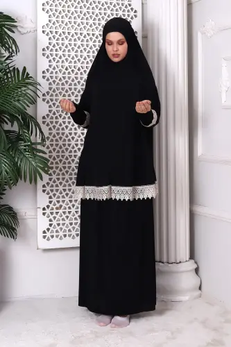 Two Piece Scalloped Practical Upper and Lower Prayer Dress 8018 Black - ihvanonline (1)