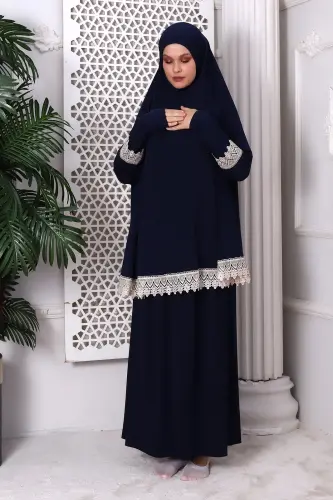 Two Piece Scalloped Practical Upper and Lower Prayer Dress 8018 Navy Blue - ihvanonline (1)