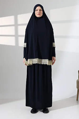 Two Piece Scalloped Practical Upper and Lower Prayer Dress 8018 Navy Blue - 2