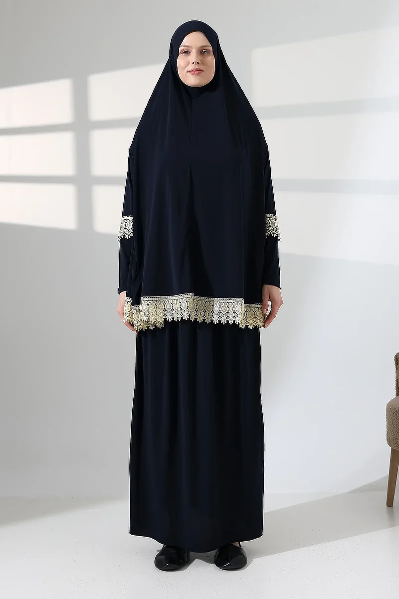 Two Piece Scalloped Practical Upper and Lower Prayer Dress 8018 Navy Blue - 2