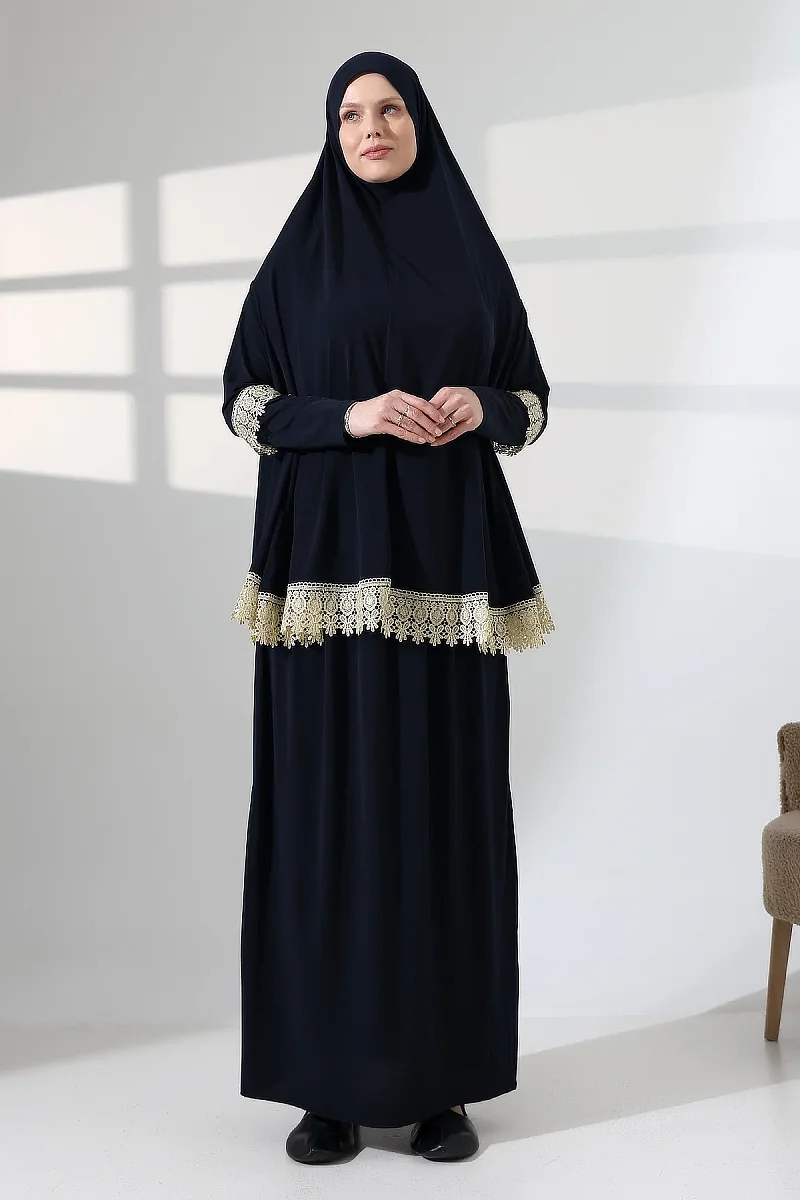 Two Piece Scalloped Practical Upper and Lower Prayer Dress 8018 Navy Blue - 1