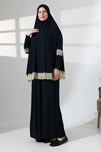 Two Piece Scalloped Practical Upper and Lower Prayer Dress 8018 Navy Blue - 3