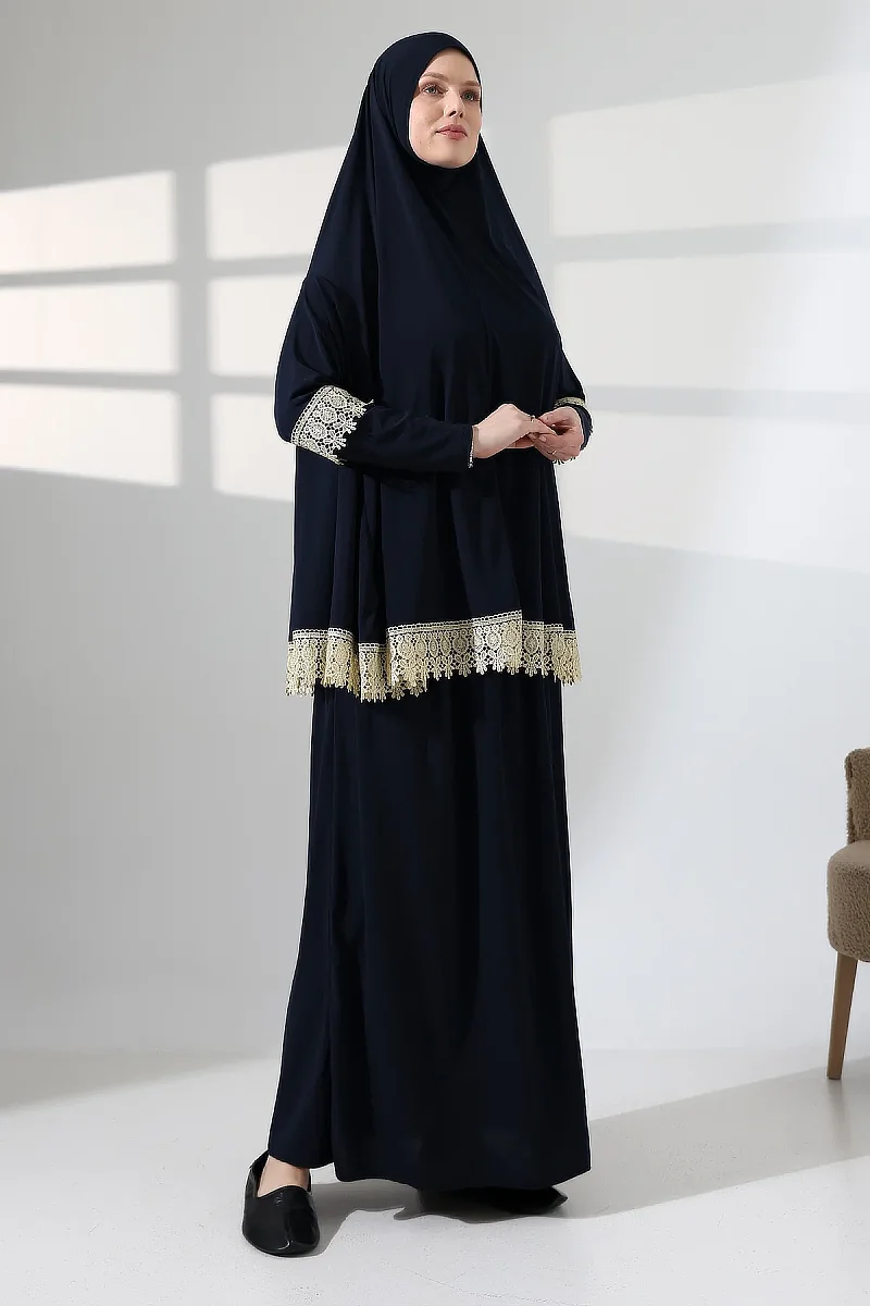 Two Piece Scalloped Practical Upper and Lower Prayer Dress 8018 Navy Blue - 4