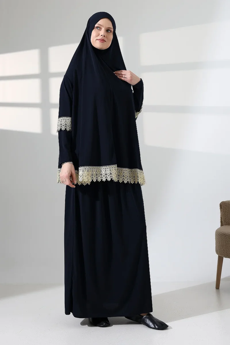Two Piece Scalloped Practical Upper and Lower Prayer Dress 8018 Navy Blue - 5